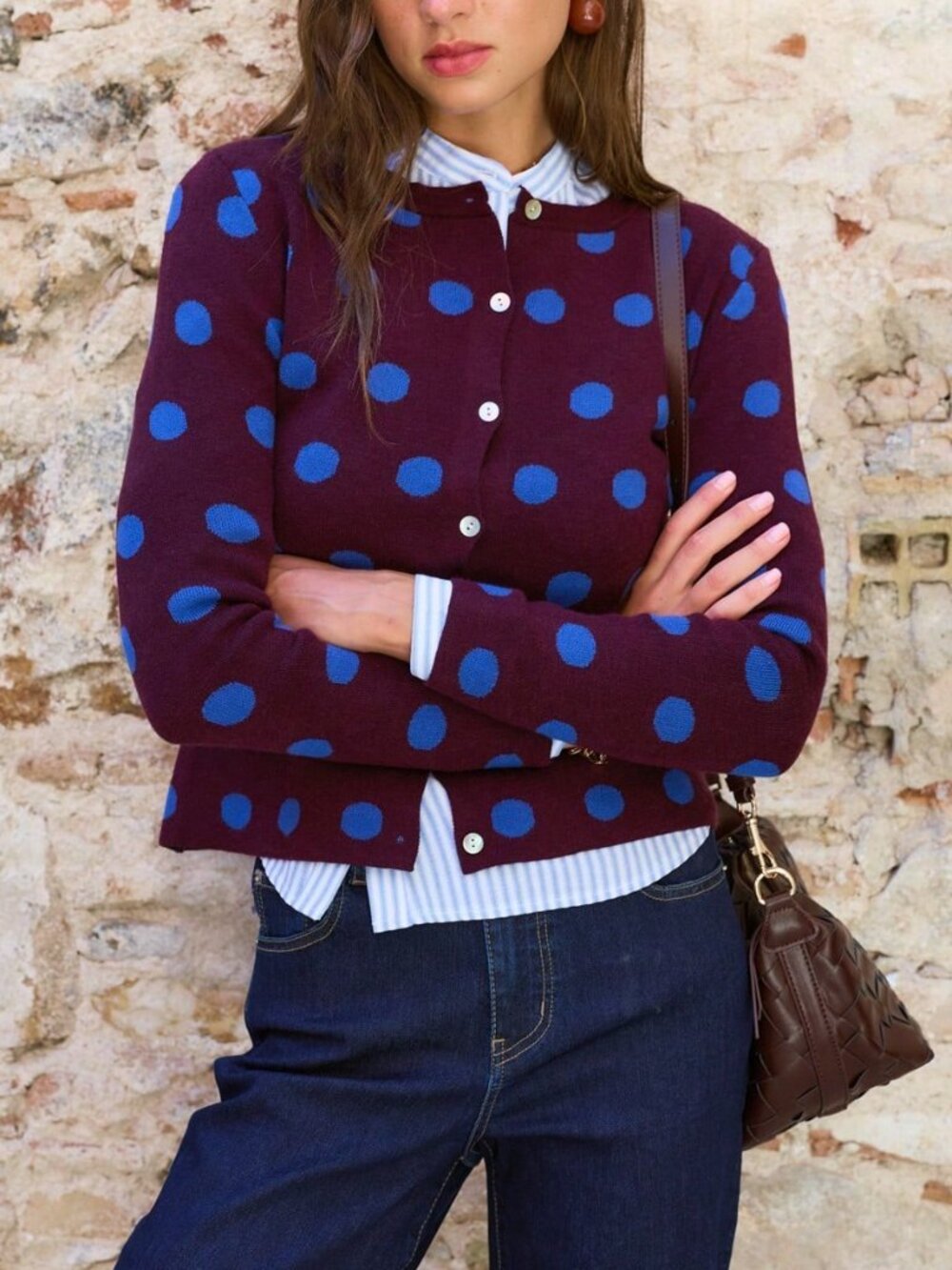 Multicolor Casual Women's Polka Dot Button Front Pocket Knit Cardigan - Picture 4 of 8